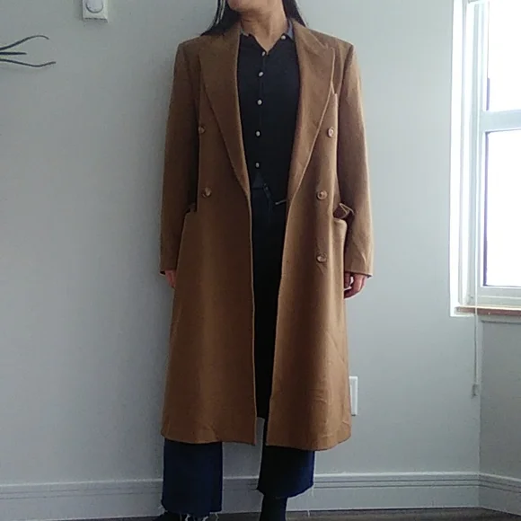 Loro Piana Hugo Boss vintage men's wool camel tan long trench coat peacoat  Lrg - Picture 3 of 16